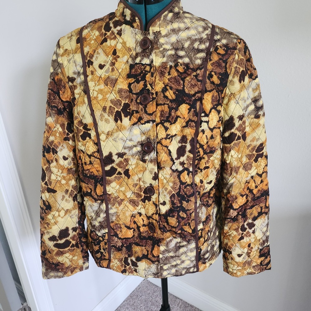 Requirements Jacket Women Large Brown Quilted Animal Print Mock Neck Button Up